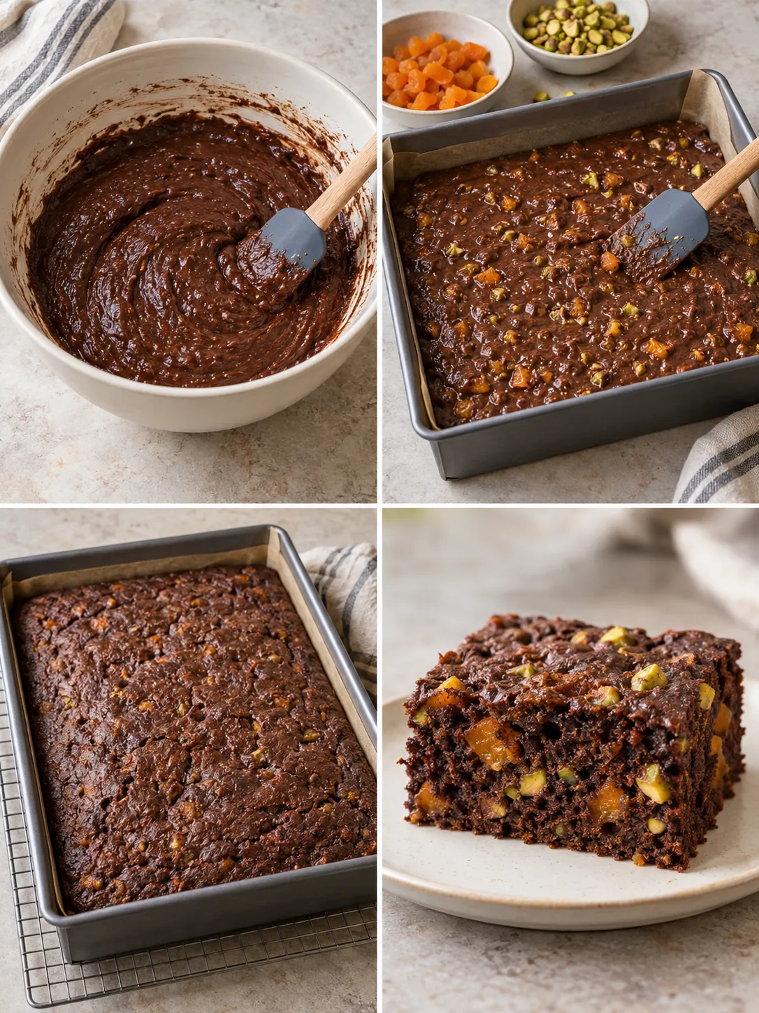 Chocolate sheet cake with apricots and pistachios