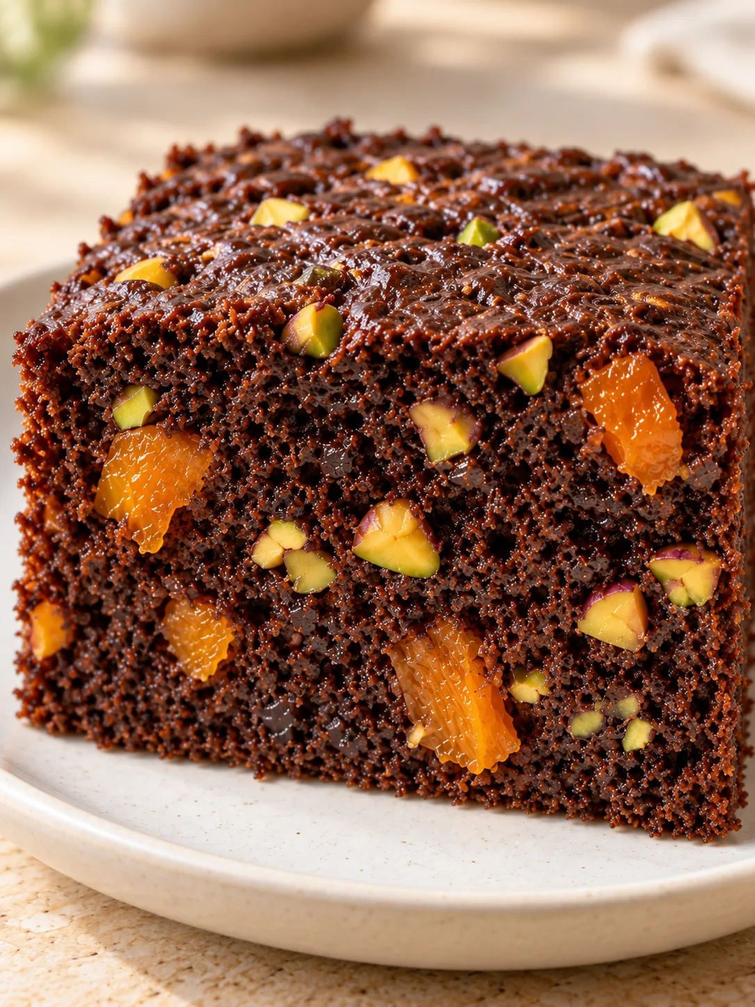 Chocolate sheet cake with apricots and pistachios