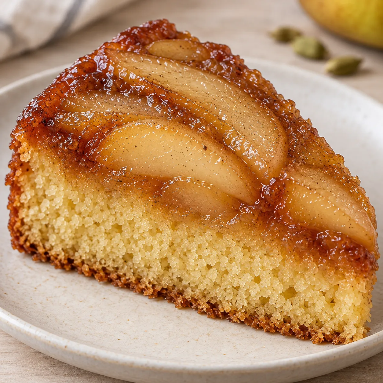 Upside-down fruit cake with pear and cardamom