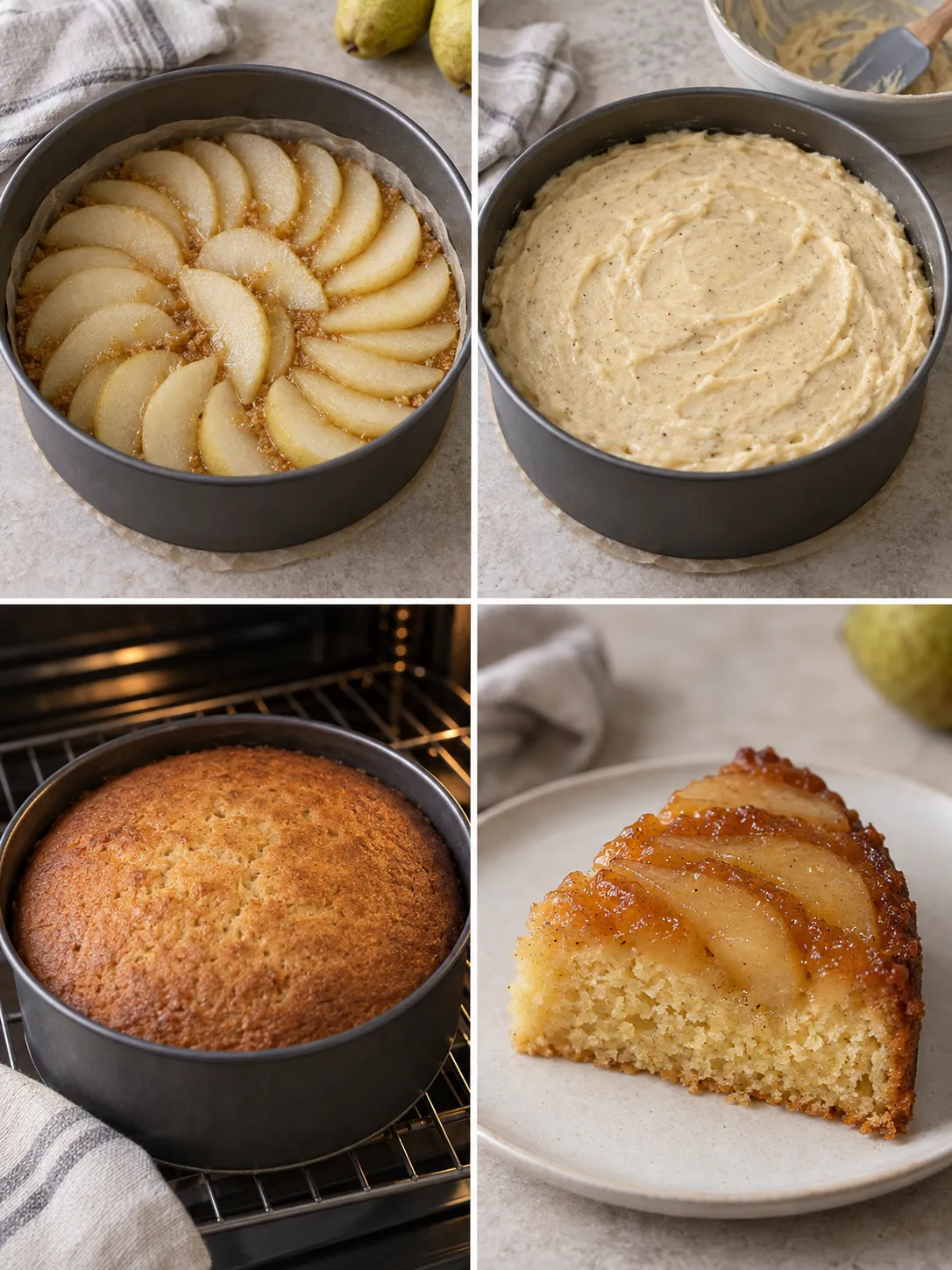 Upside-down fruit cake with pear and cardamom