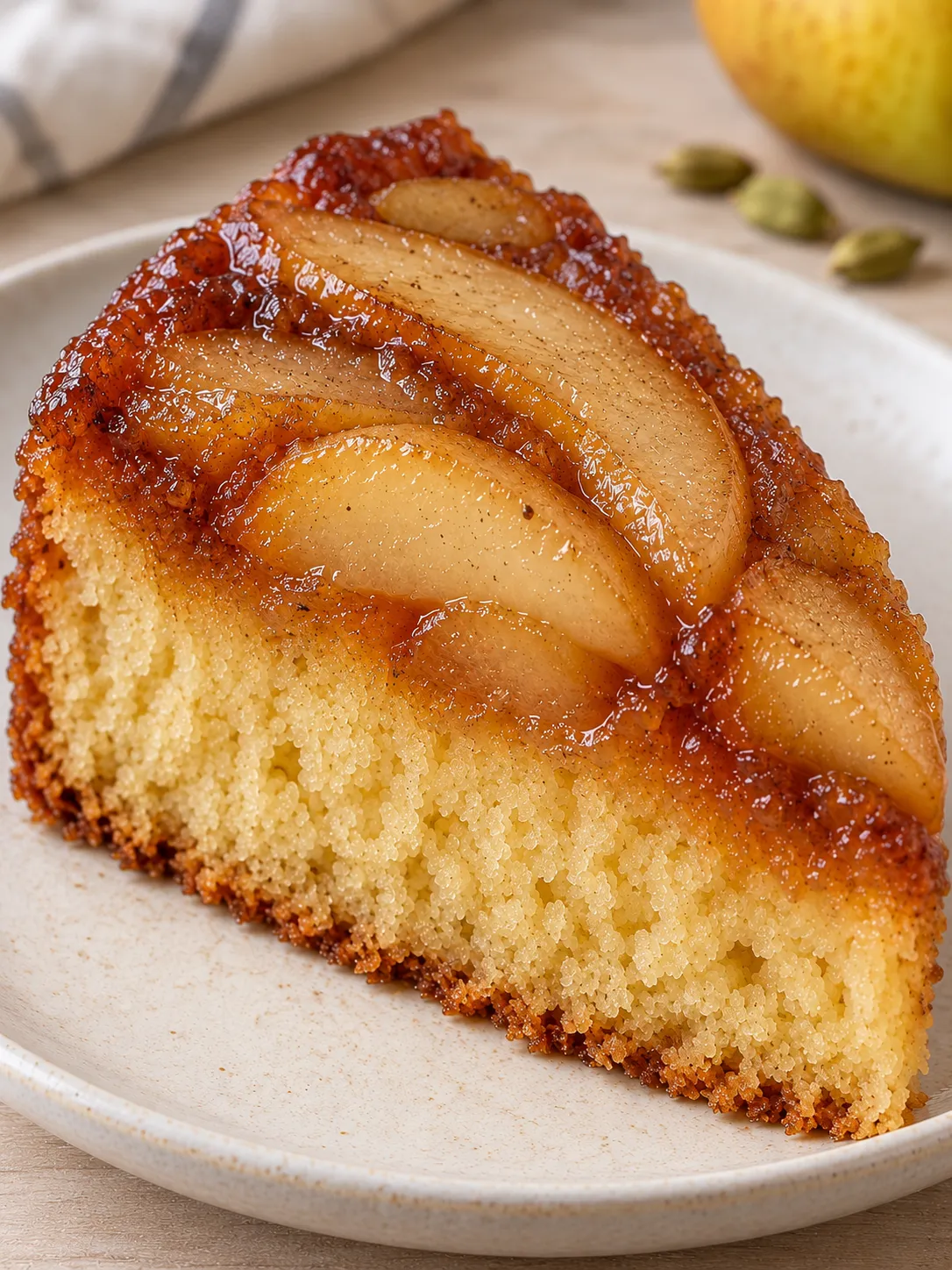 Upside-down fruit cake with pear and cardamom