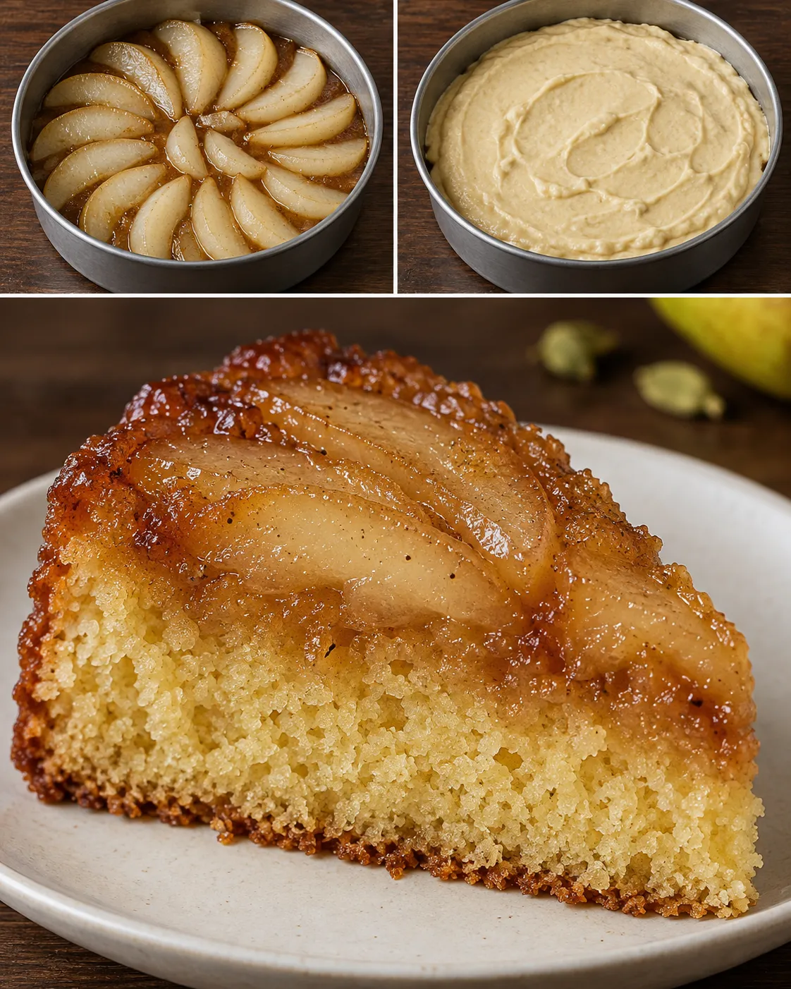 Upside-down fruit cake with pear and cardamom