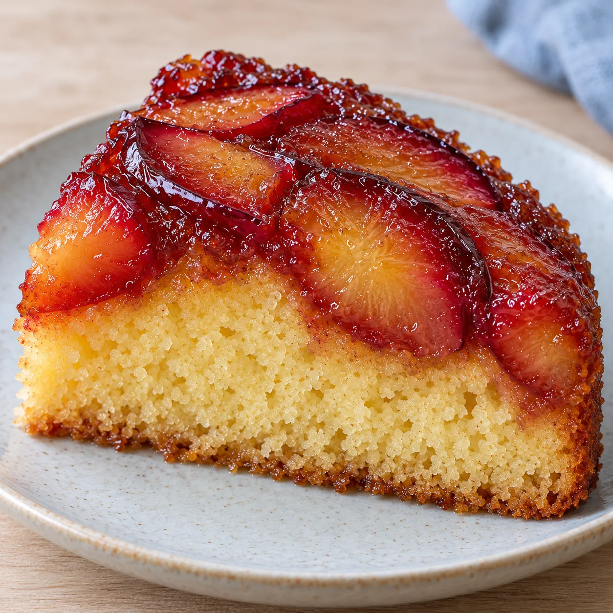 Upside-down fruit cake with plums and vanilla