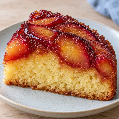 Upside-down fruit cake with plums and vanilla