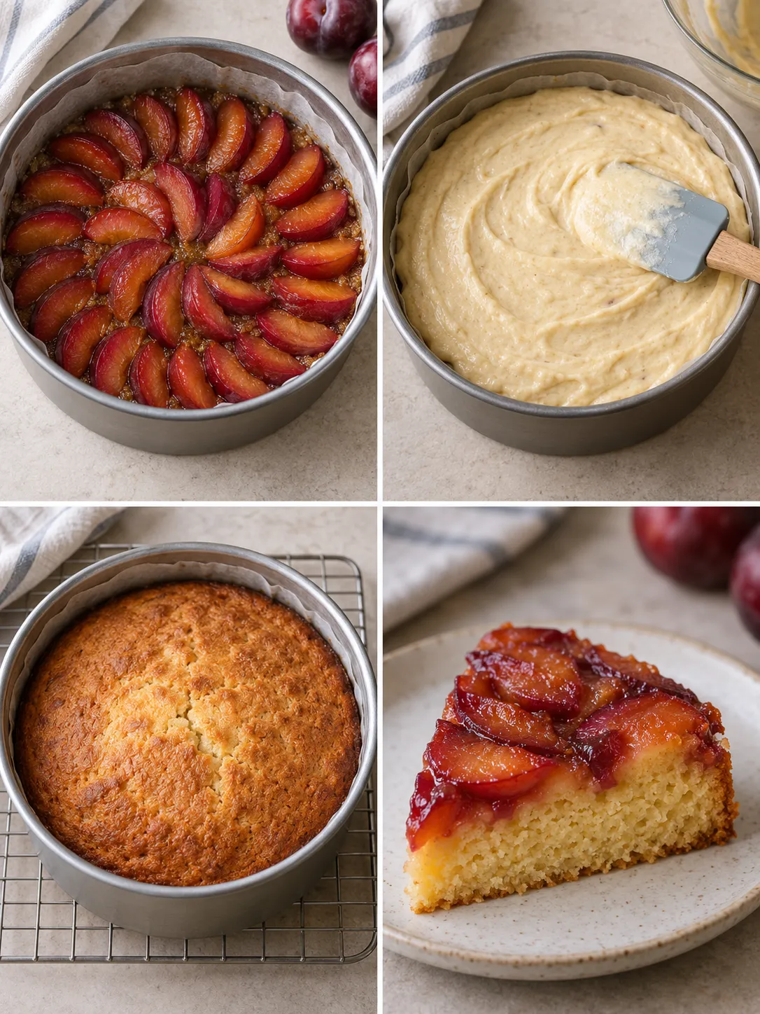 Upside-down fruit cake with plums and vanilla
