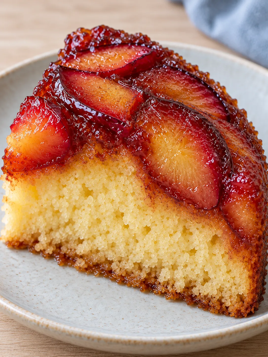 Upside-down fruit cake with plums and vanilla