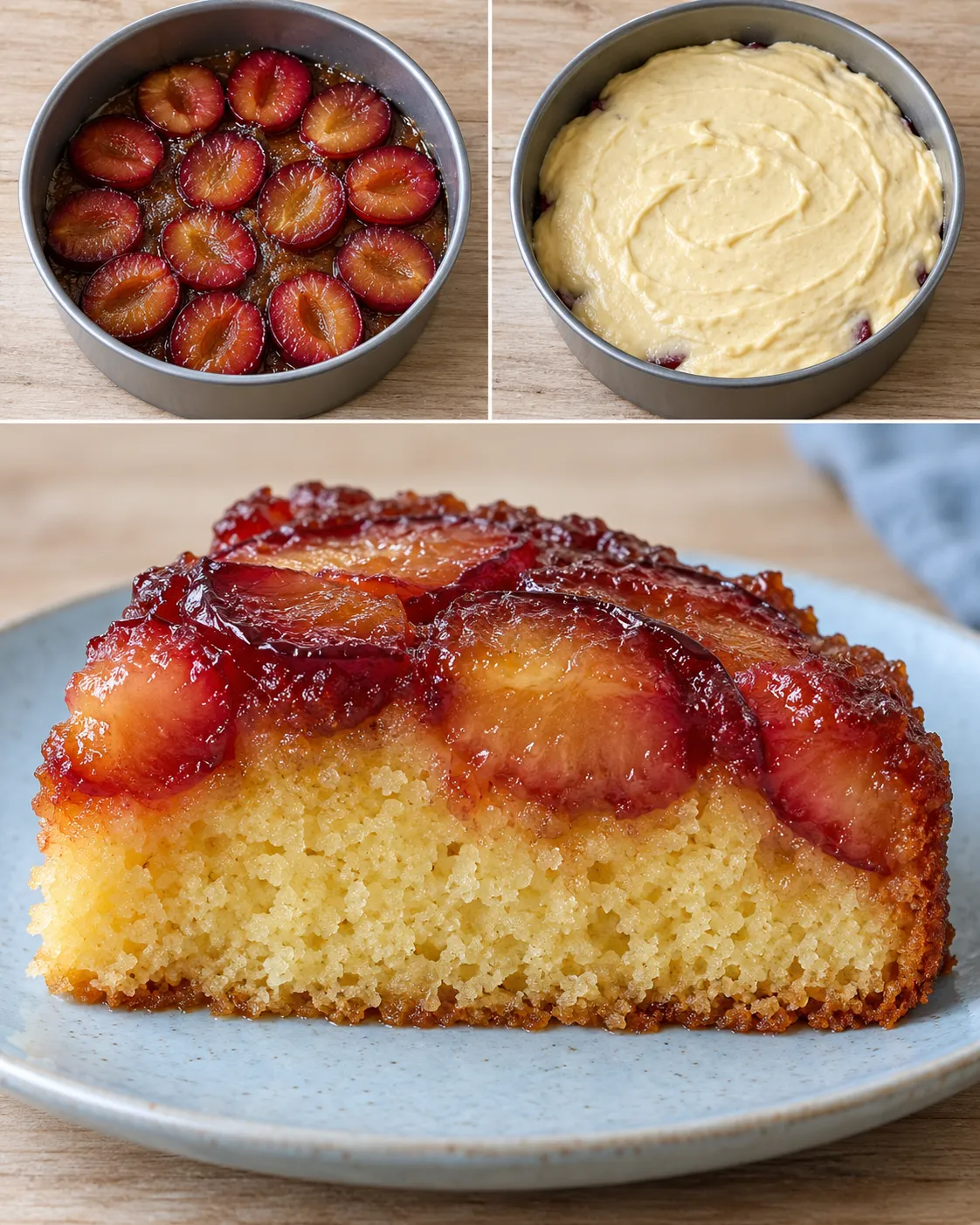 Upside-down fruit cake with plums and vanilla