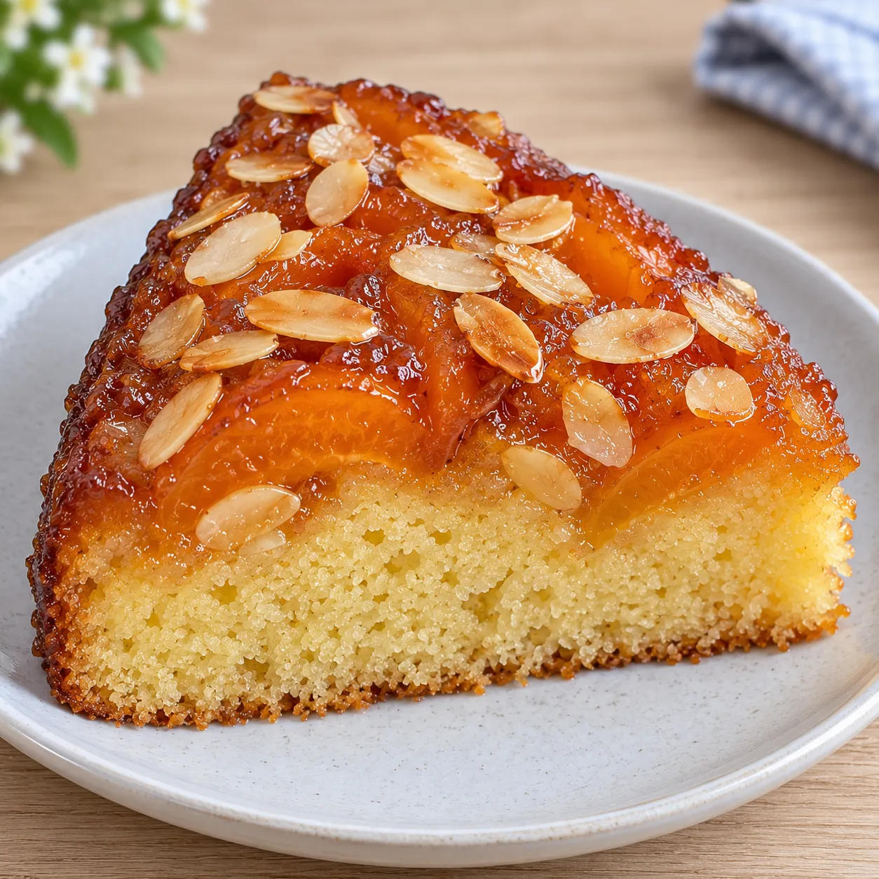 Upside-down fruit cake with apricots and almonds