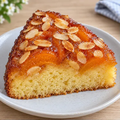 Upside-down fruit cake with apricots and almonds