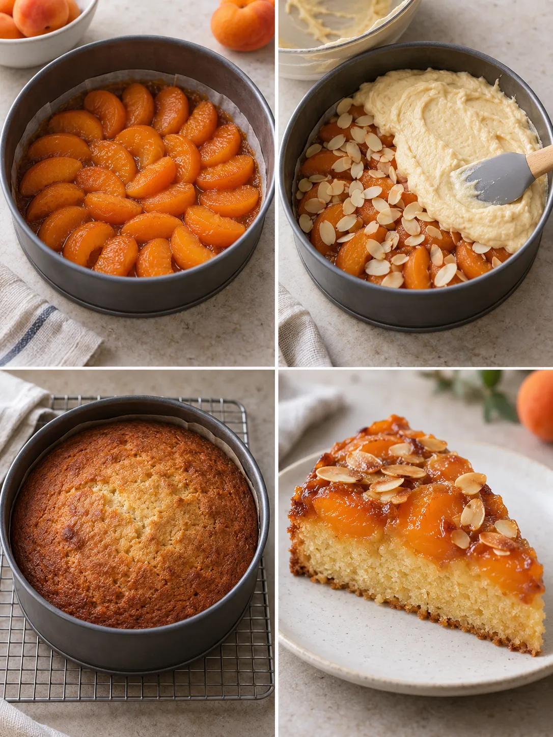 Upside-down fruit cake with apricots and almonds