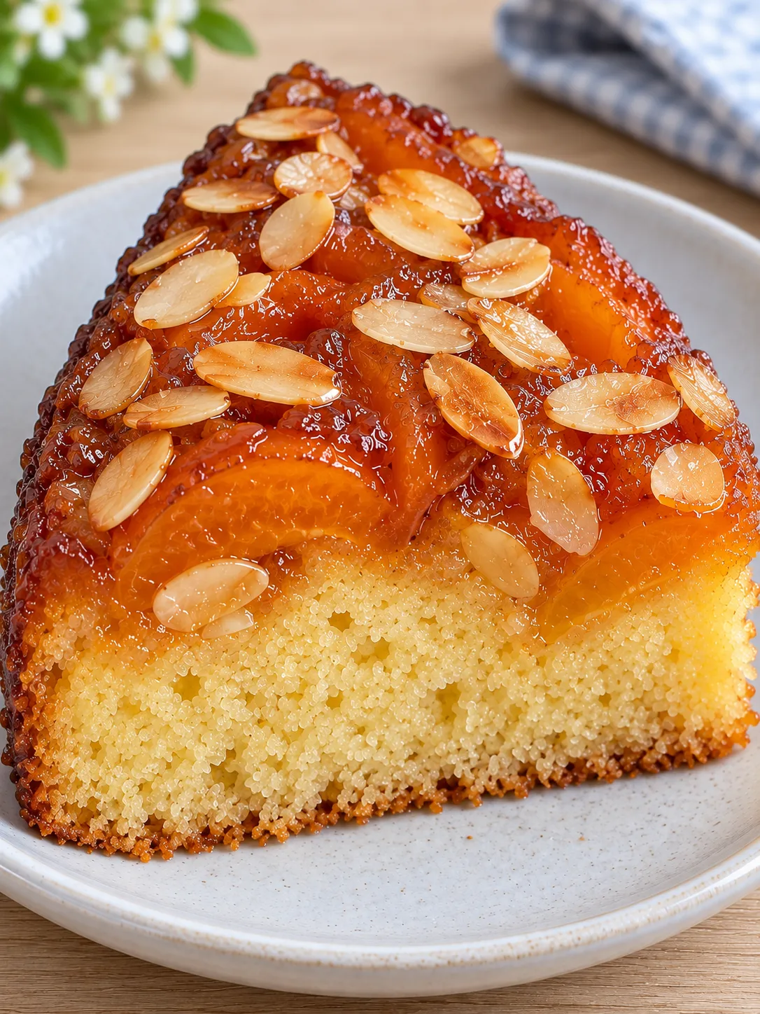 Upside-down fruit cake with apricots and almonds