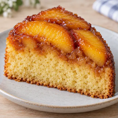 Upside-down fruit cake with peaches and vanilla