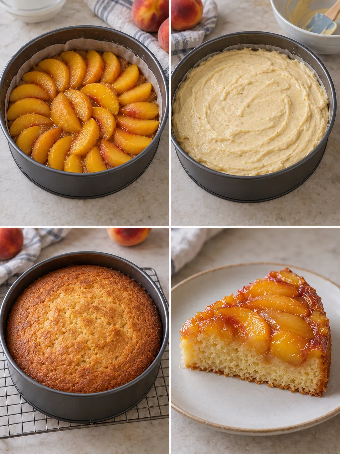 Upside-down fruit cake with peaches and vanilla