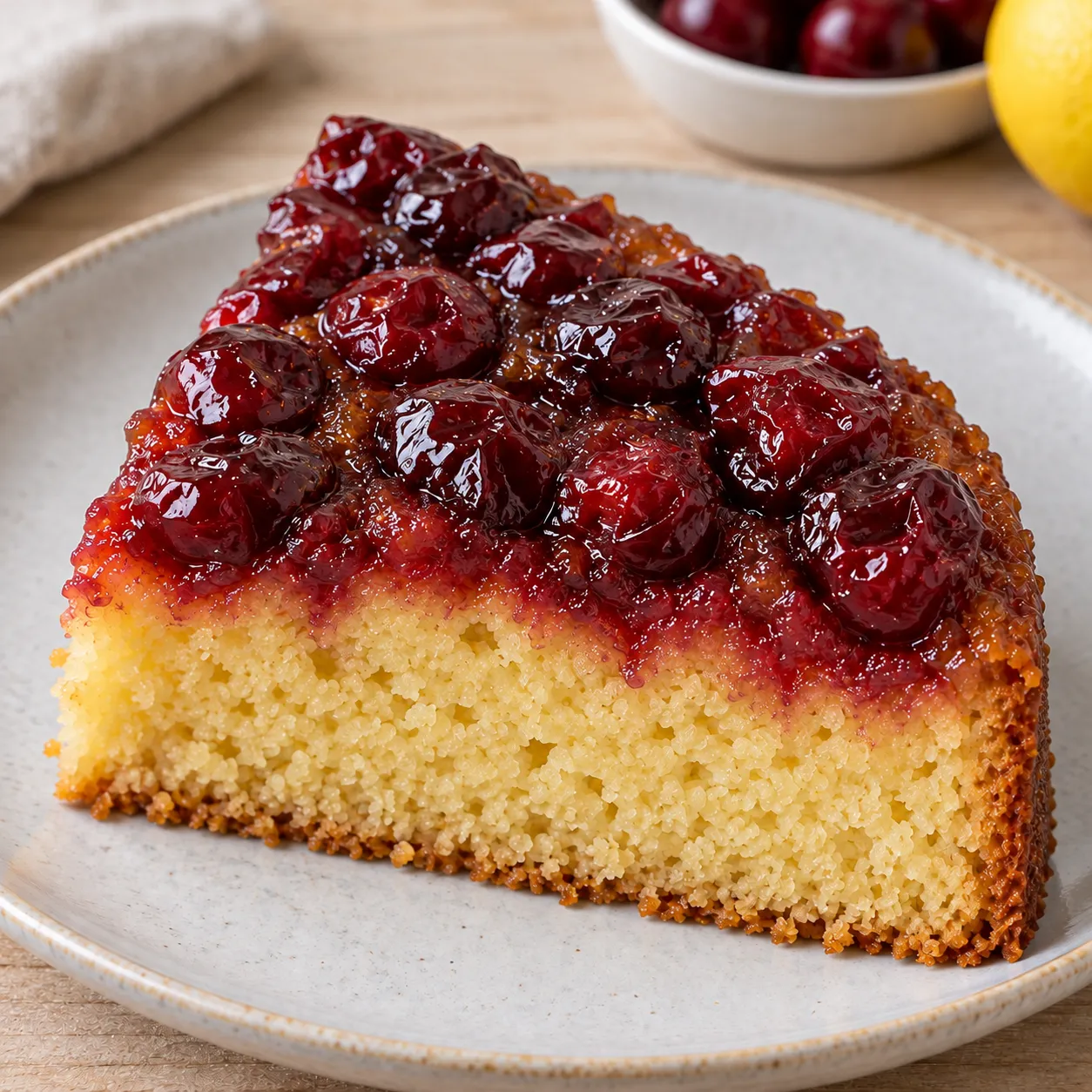 Upside-down fruit cake with cherries and lemon