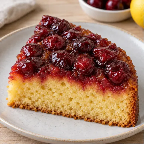 Upside-down fruit cake with cherries and lemon