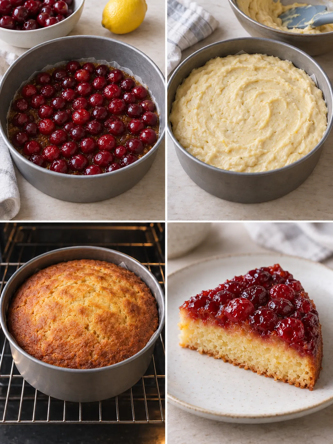 Upside-down fruit cake with cherries and lemon