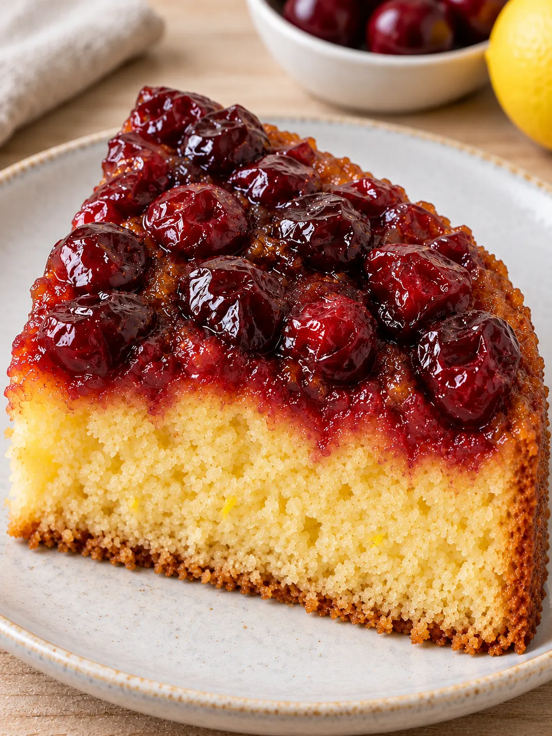 Upside-down fruit cake with cherries and lemon