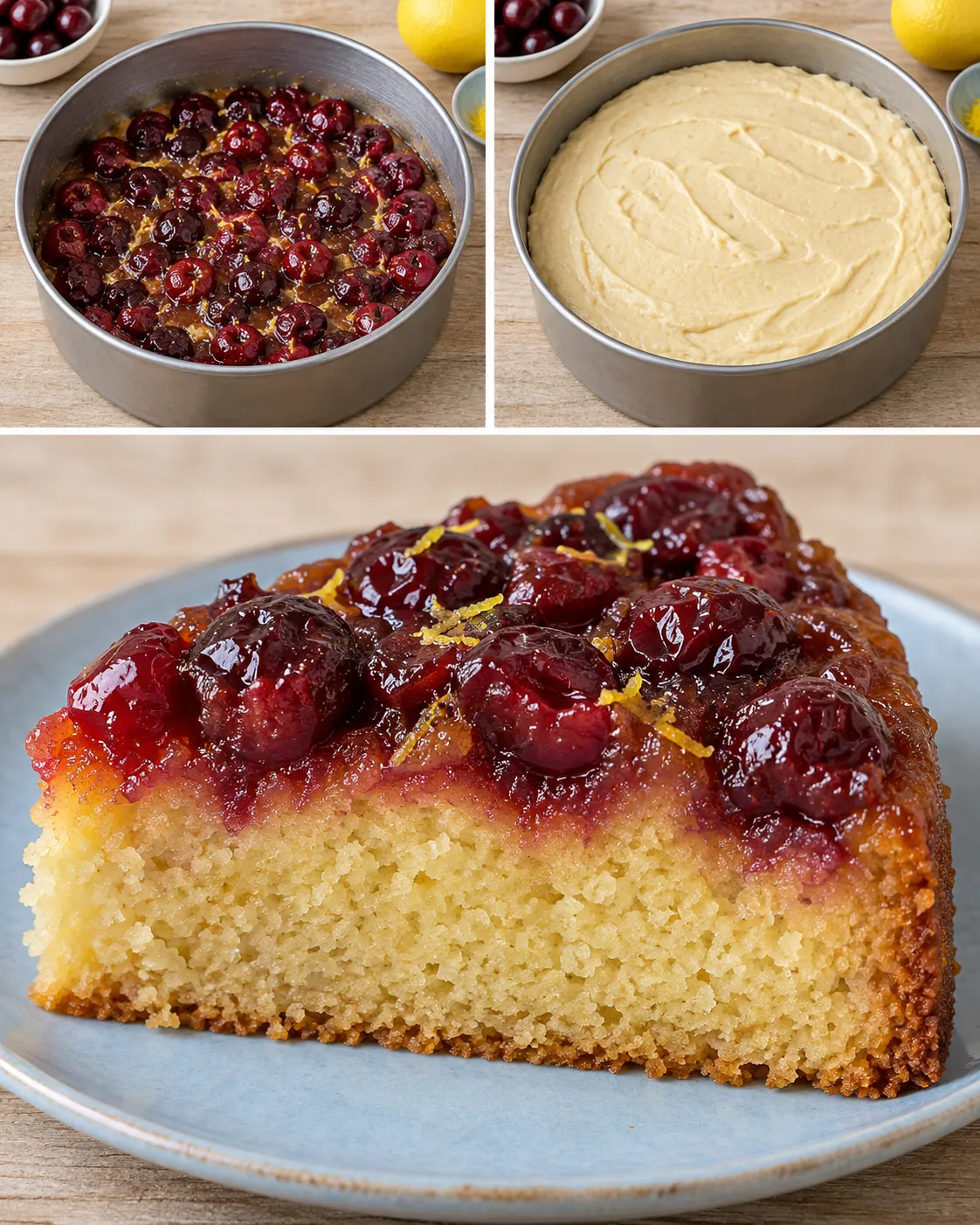 Upside-down fruit cake with cherries and lemon