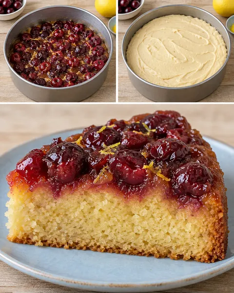 Upside-down fruit cake with cherries and lemon