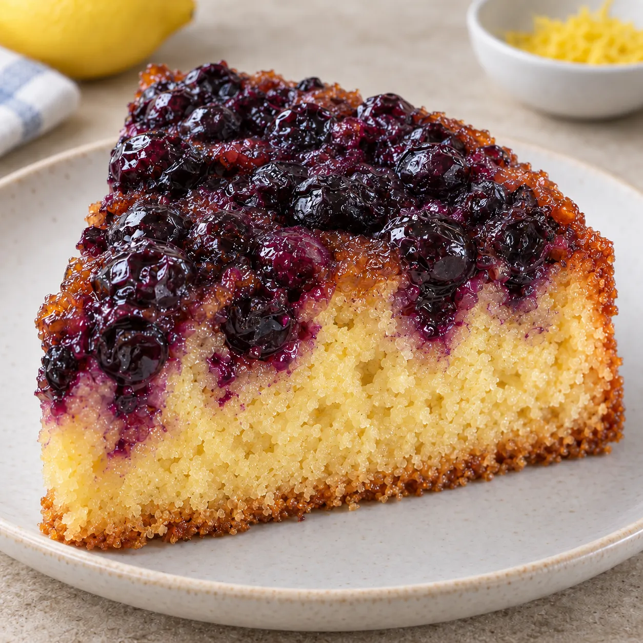 Upside-down fruit cake with blueberries and lemon