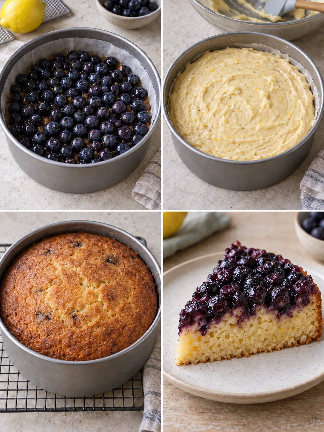 Upside-down fruit cake with blueberries and lemon