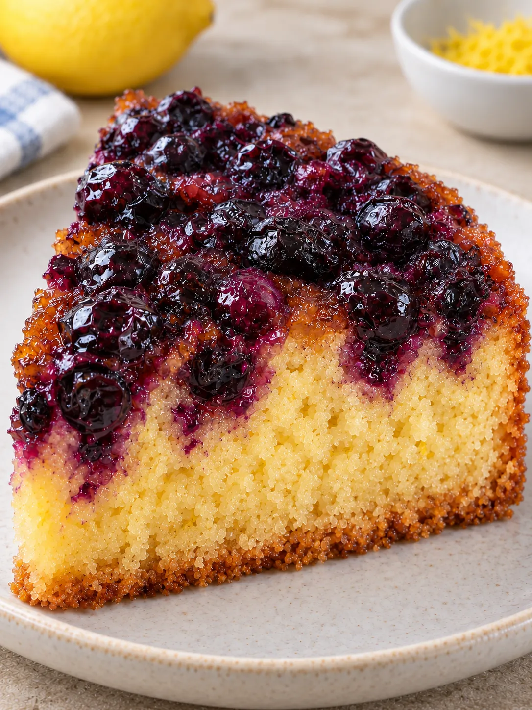 Upside-down fruit cake with blueberries and lemon