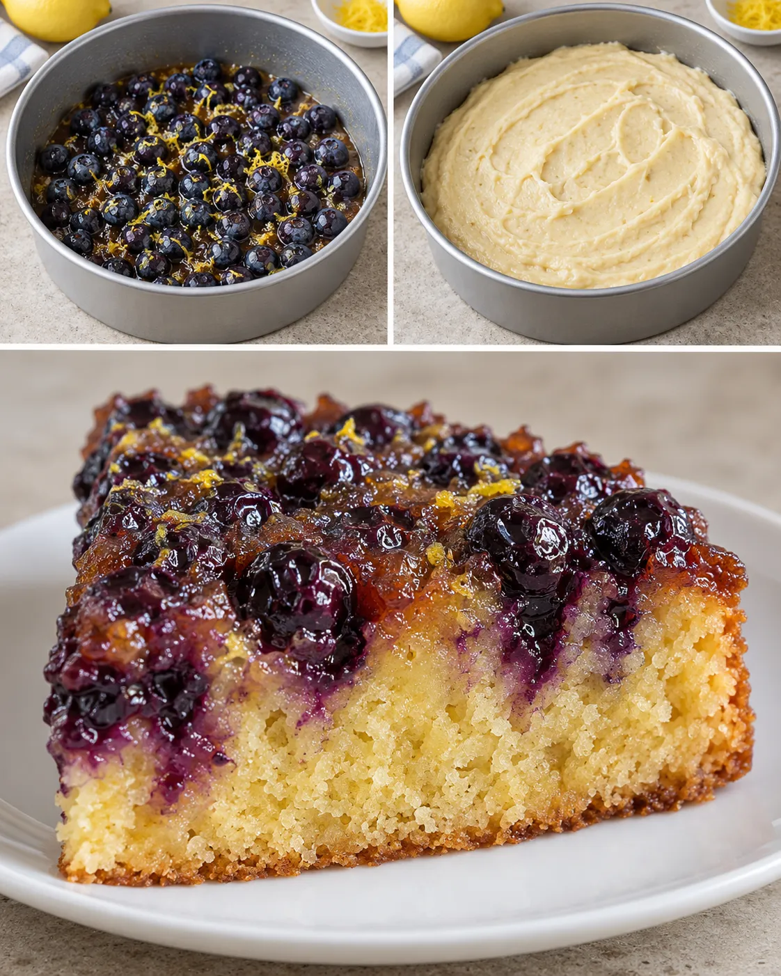 Upside-down fruit cake with blueberries and lemon