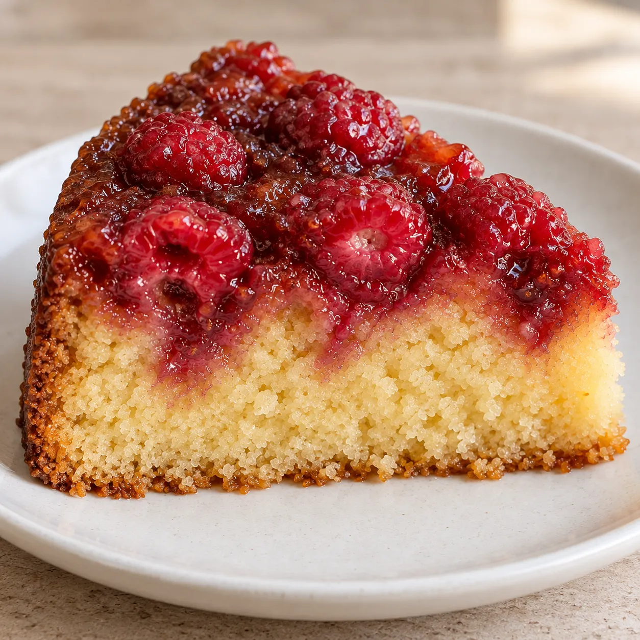 Upside-down fruit cake with raspberries and vanilla