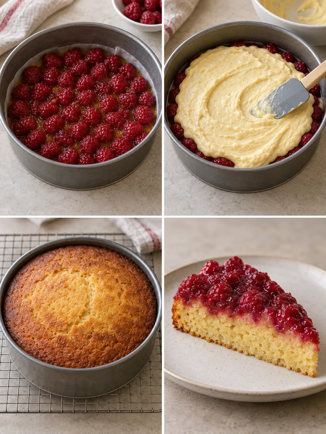Upside-down fruit cake with raspberries and vanilla