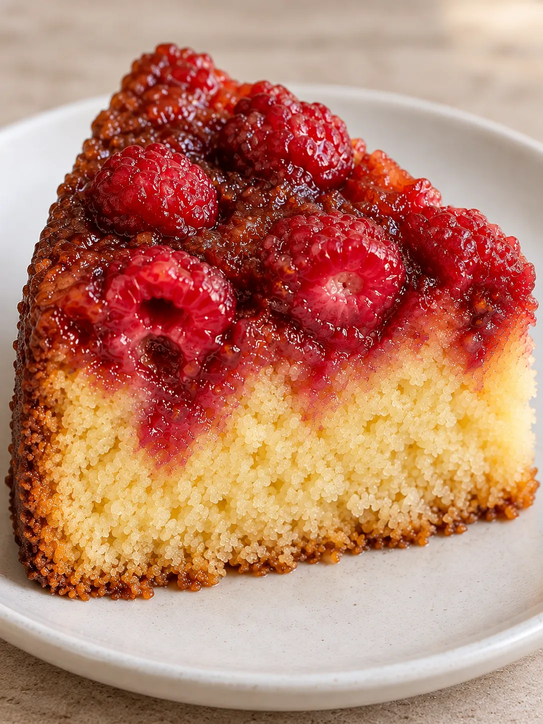 Upside-down fruit cake with raspberries and vanilla