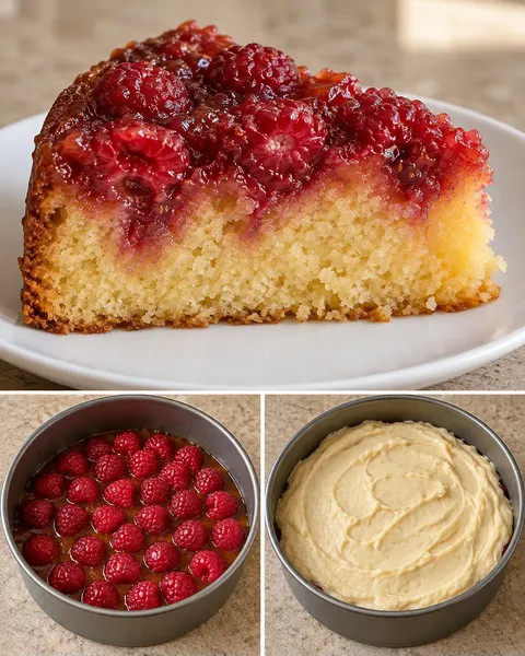 Upside-down fruit cake with raspberries and vanilla