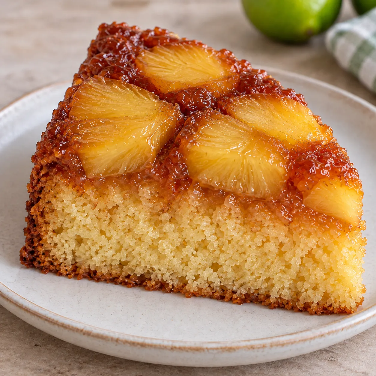 Upside-down fruit cake with pineapple and lime