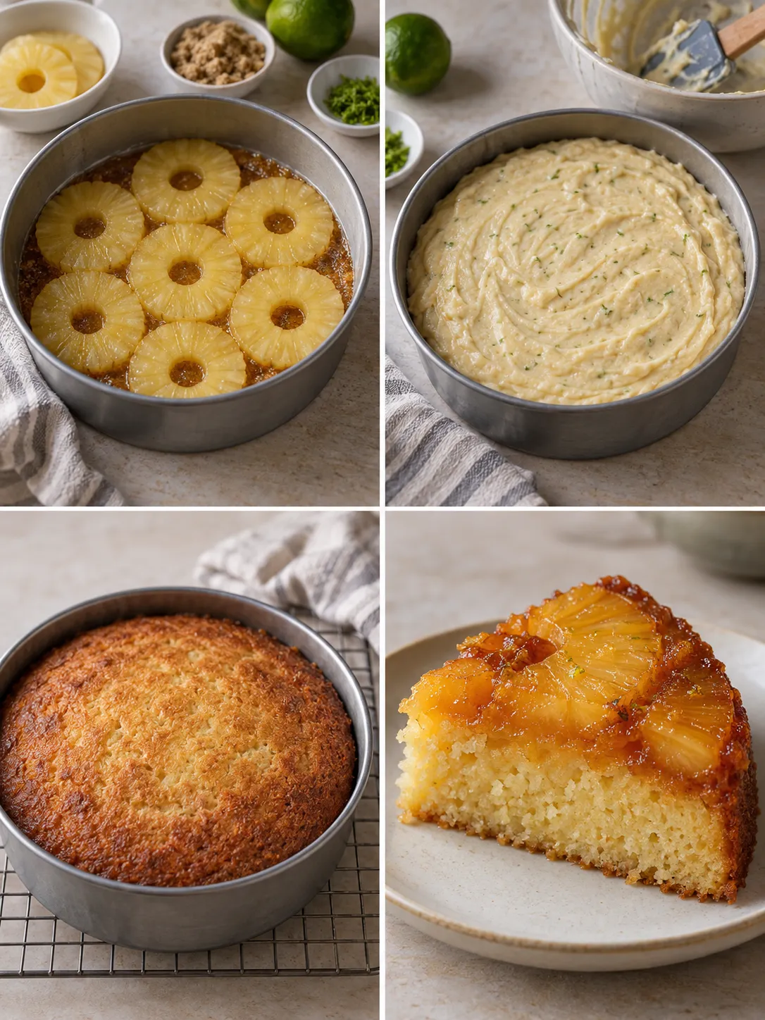 Upside-down fruit cake with pineapple and lime