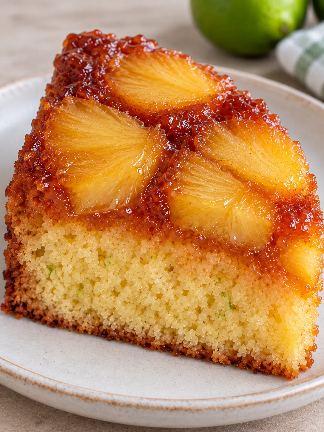 Upside-down fruit cake with pineapple and lime