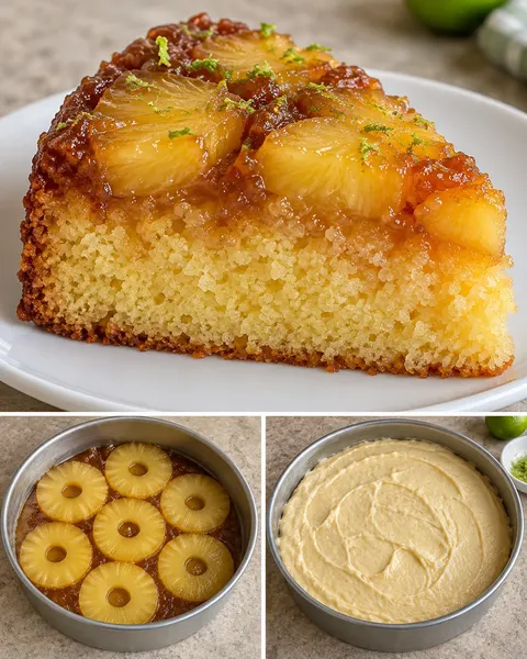 Upside-down fruit cake with pineapple and lime