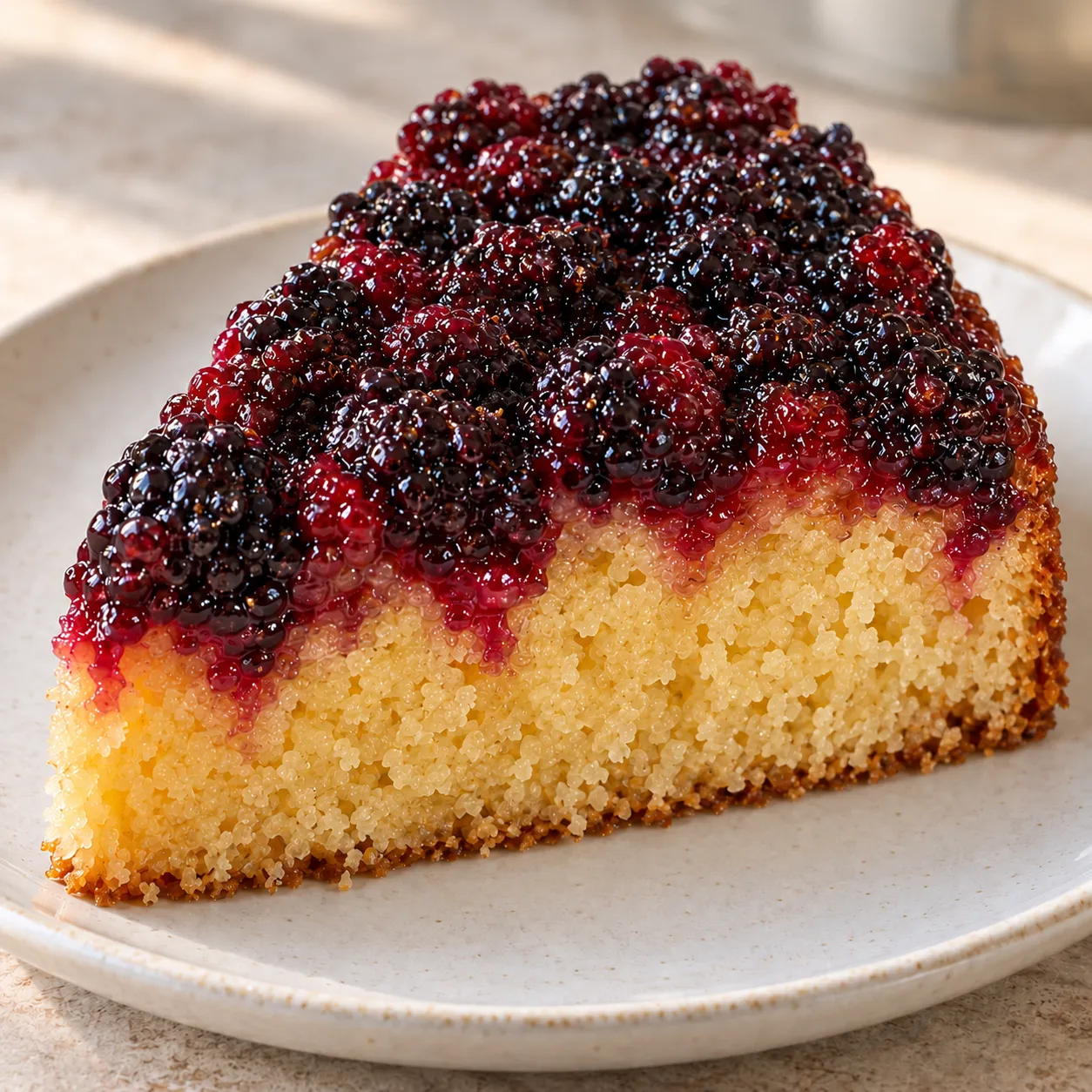 Upside-down fruit cake with blackberries and orange