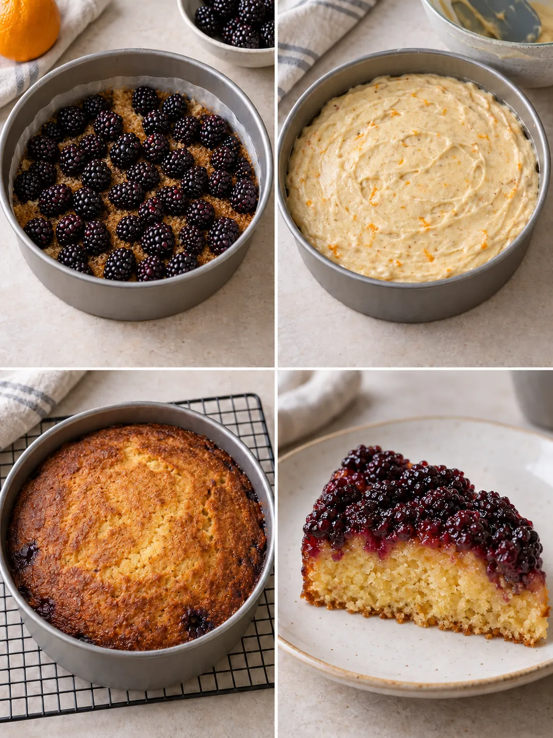 Upside-down fruit cake with blackberries and orange