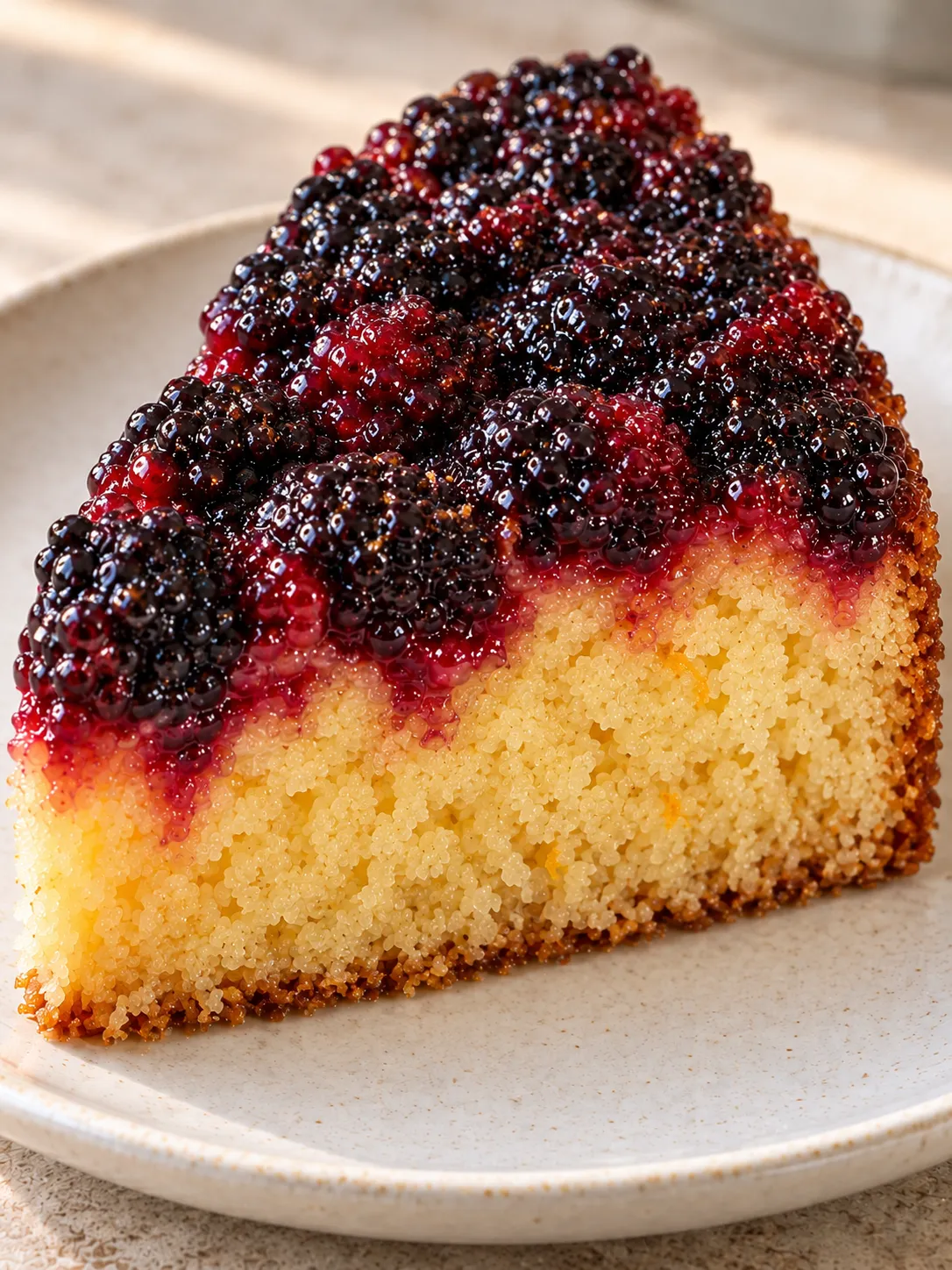 Upside-down fruit cake with blackberries and orange