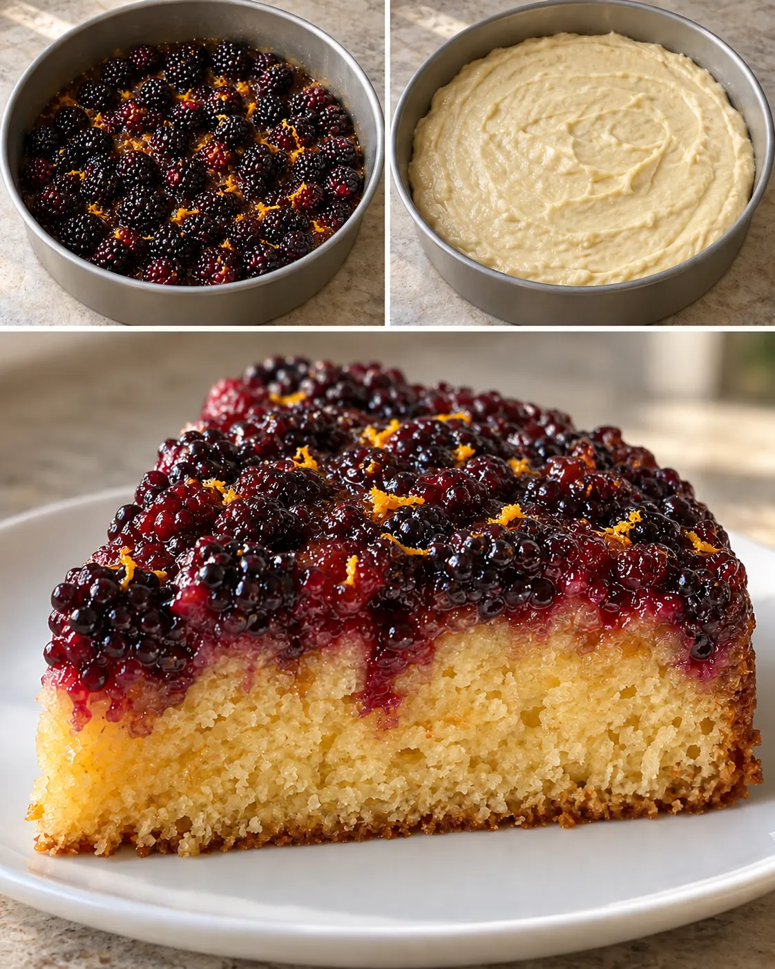 Upside-down fruit cake with blackberries and orange