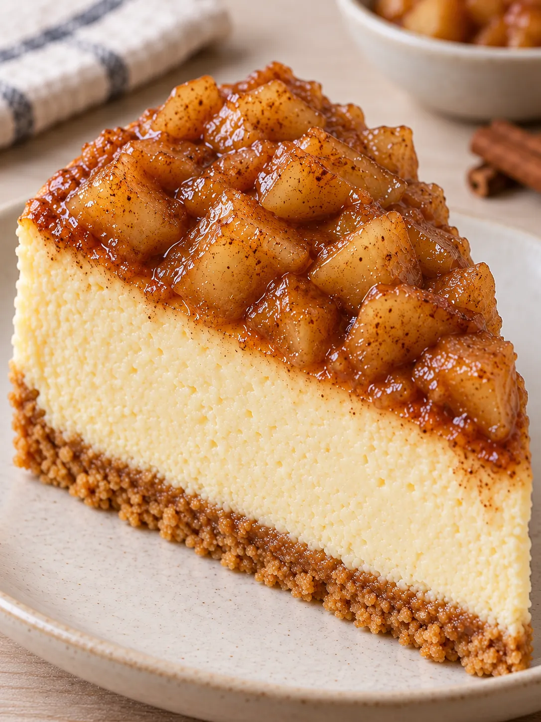 Baked cheesecake with apple and cinnamon
