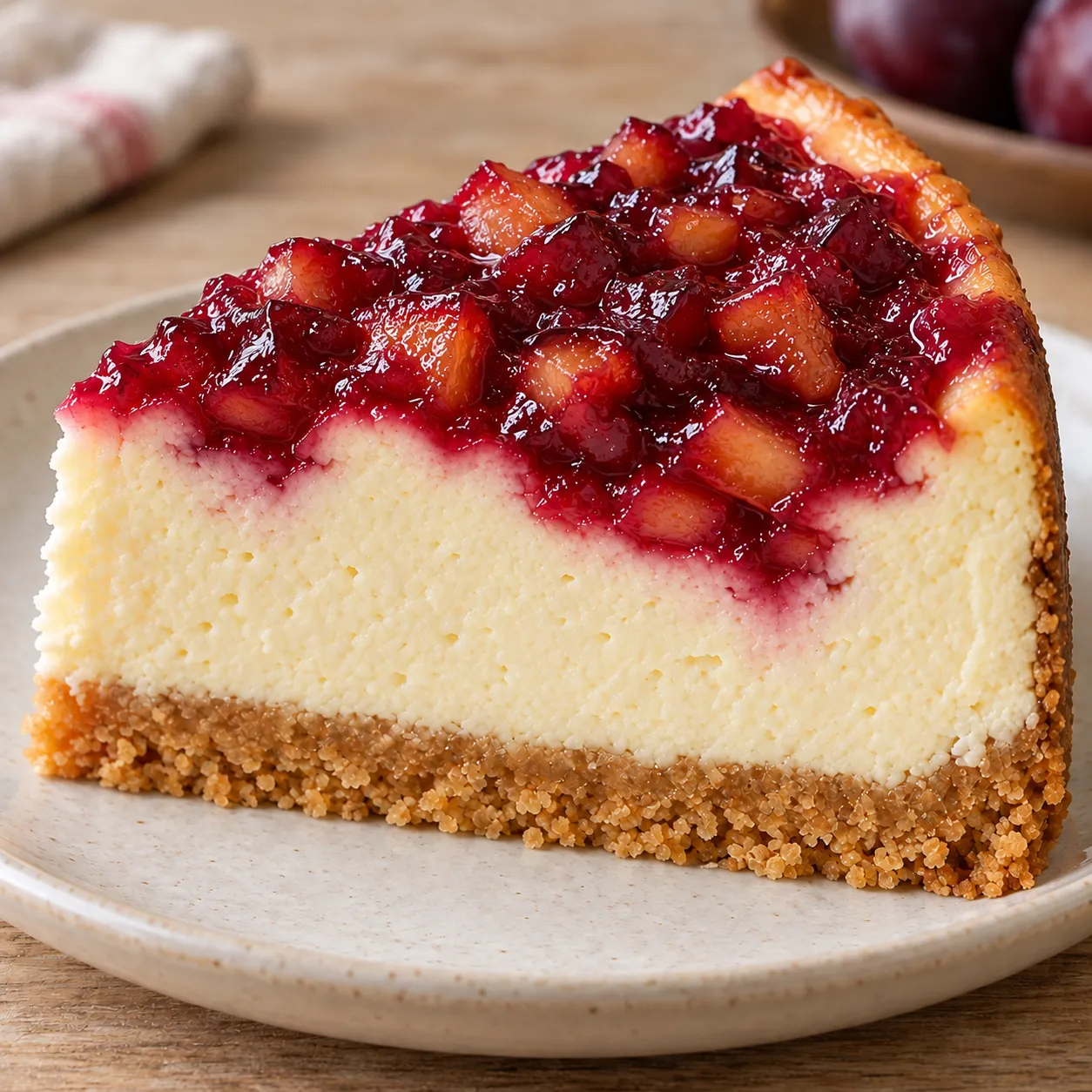 Baked cheesecake with plums and vanilla