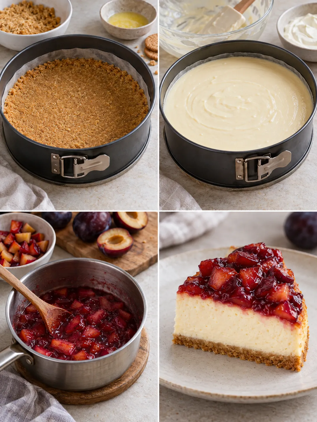 Baked cheesecake with plums and vanilla