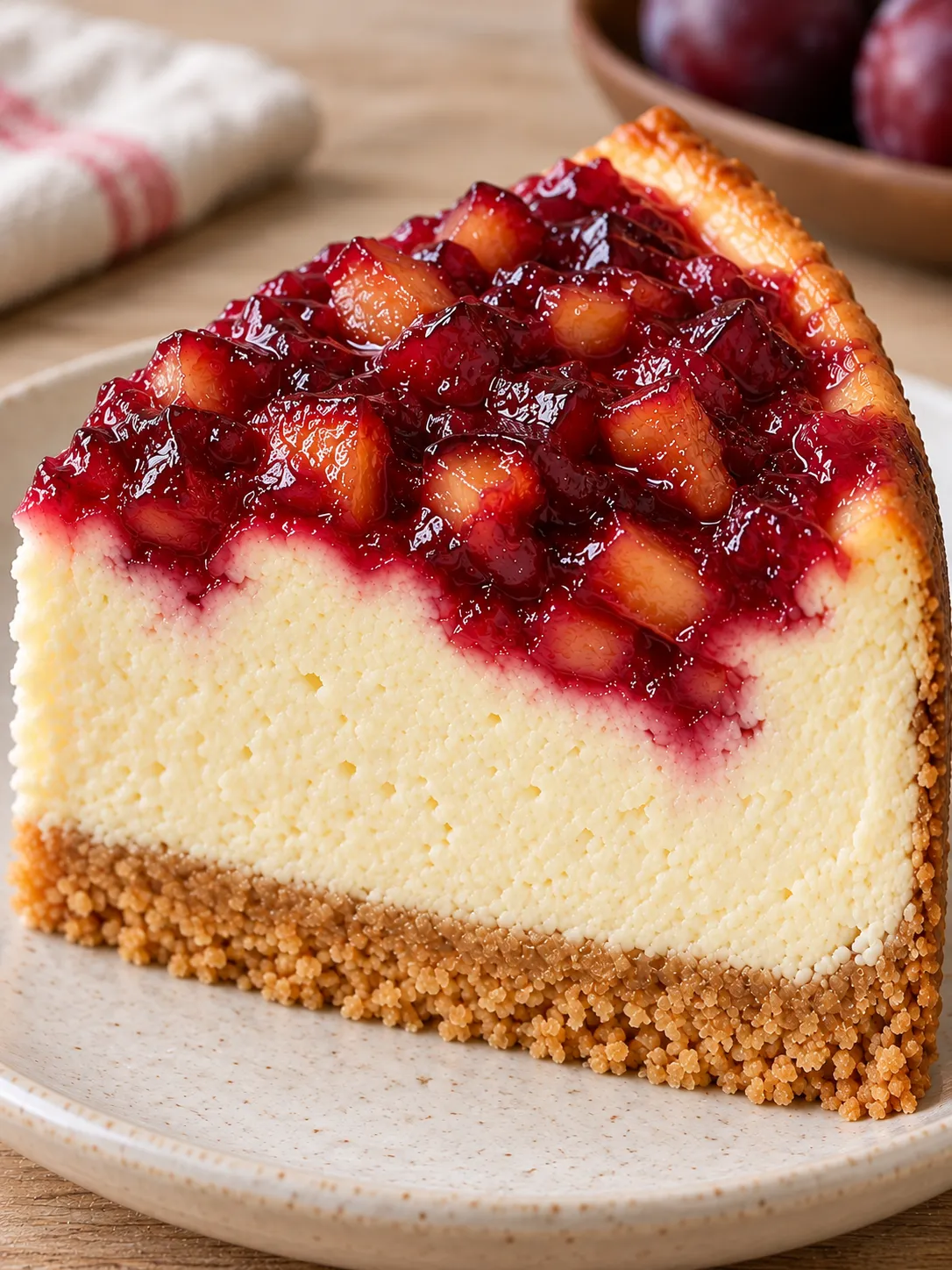 Baked cheesecake with plums and vanilla