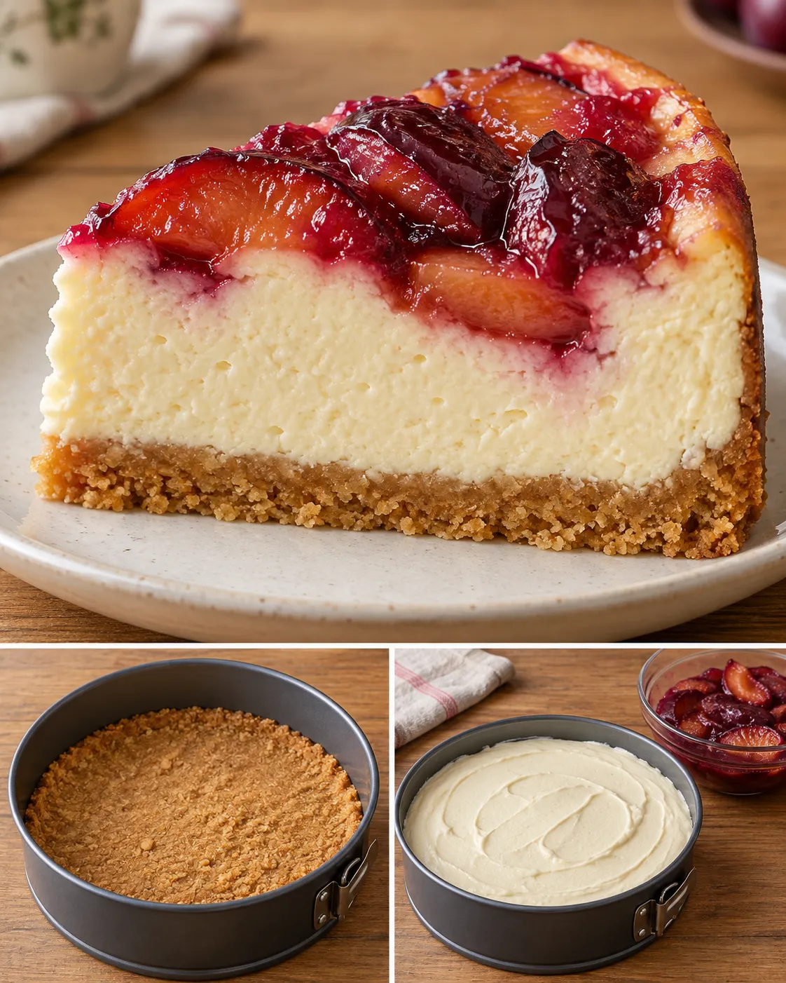 Baked cheesecake with plums and vanilla