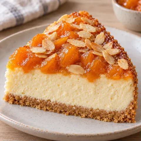 Baked cheesecake with apricots and almonds