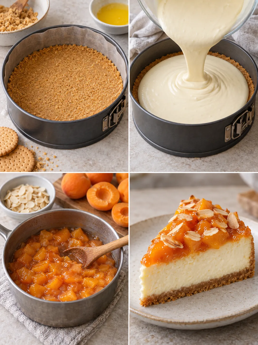 Baked cheesecake with apricots and almonds