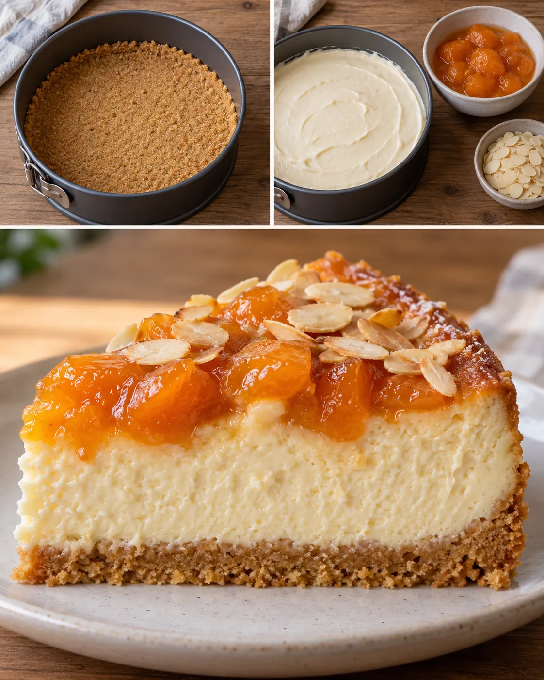Baked cheesecake with apricots and almonds