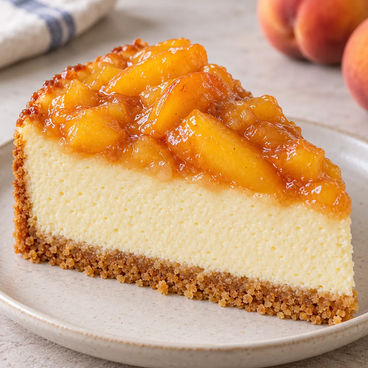 Baked cheesecake with peaches and vanilla