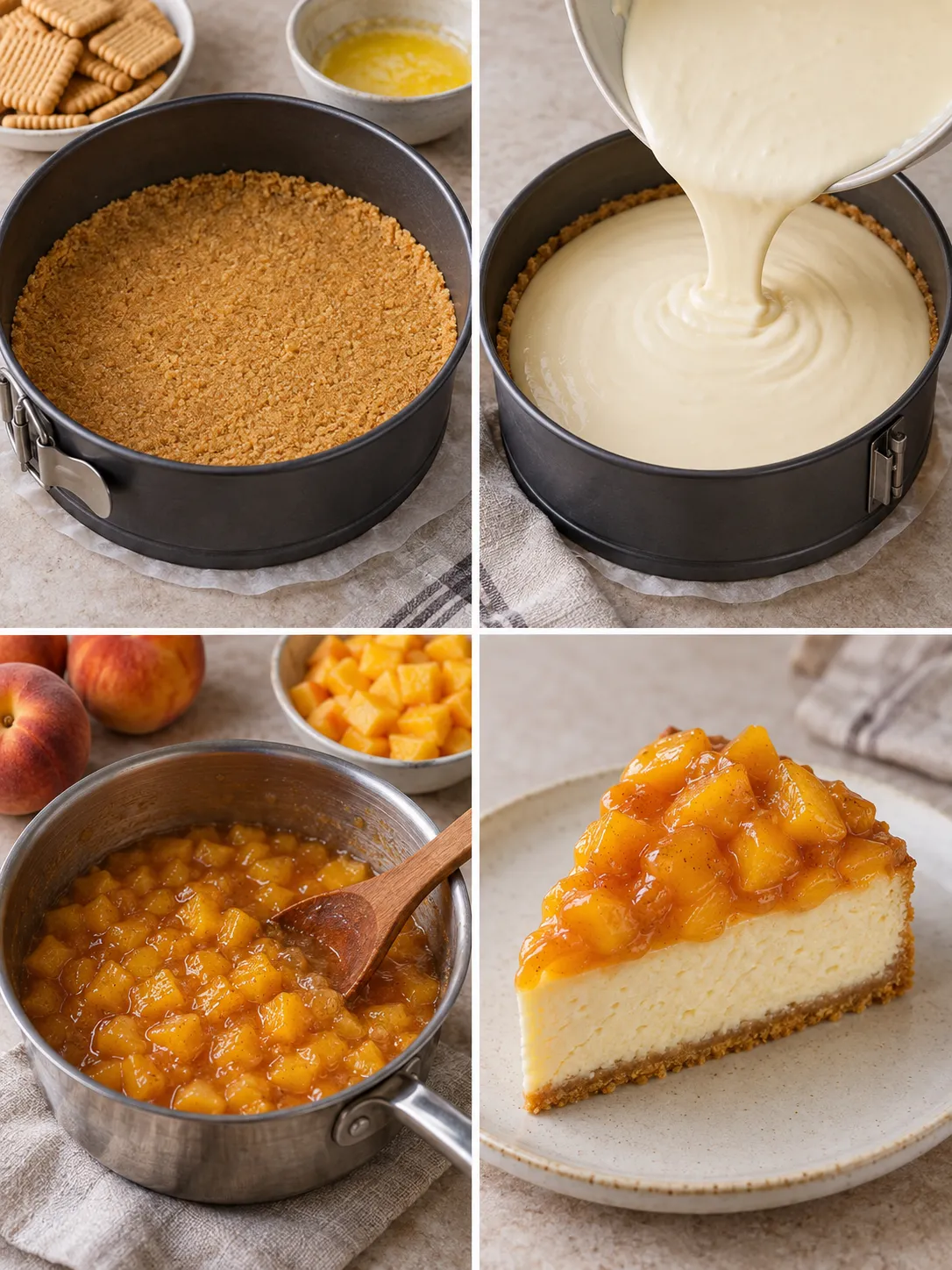 Baked cheesecake with peaches and vanilla