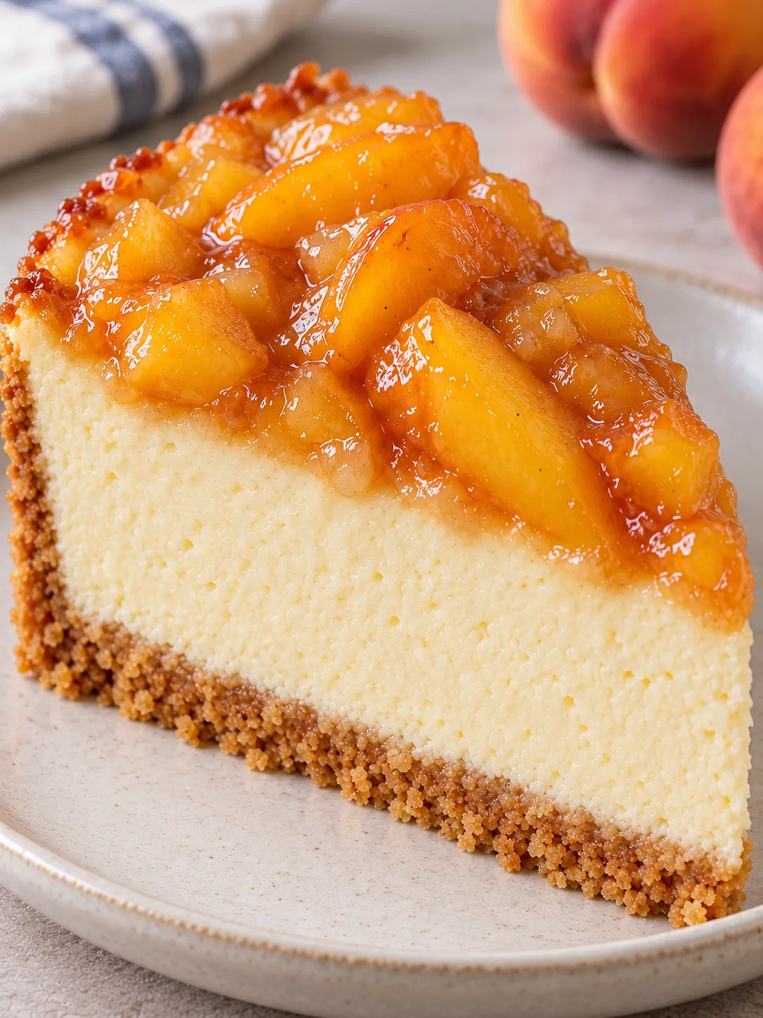Baked cheesecake with peaches and vanilla